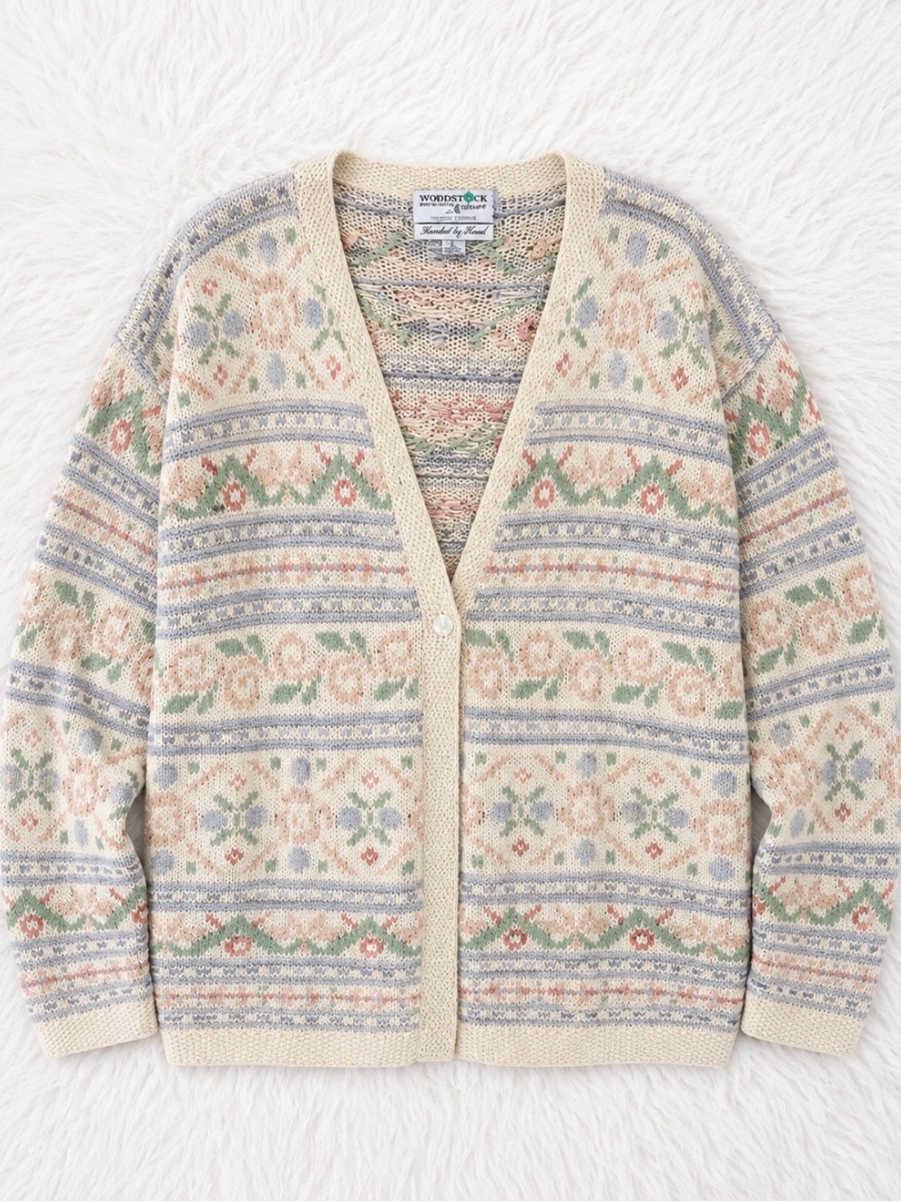 Woodstock Cream Floral Fair Isle V-Neck Cardigan with Small Hole